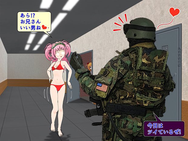無限友・SF戦記物語Episode2 第８話のA.A.S.F.倉庫棟地下3階でヒミコが警備兵を誘惑。