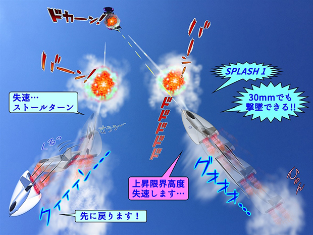 ハウルのTYPE-2022戦闘機はクローン人間の戦闘攻撃機を30mm機関砲で撃墜。