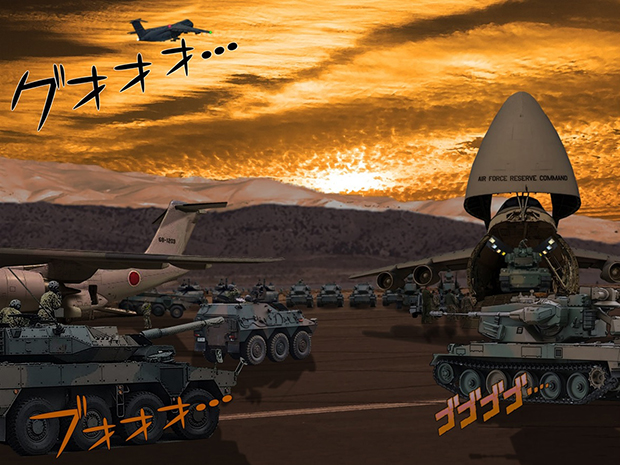 リノ空軍輸送機基地に次々と到着する陸上自衛隊87式自走高射機関砲と16式機動戦闘車、82式指揮通信車。
