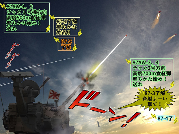 陸自87式自走高射機関砲が35mm食紅マーカー弾の発砲開始。